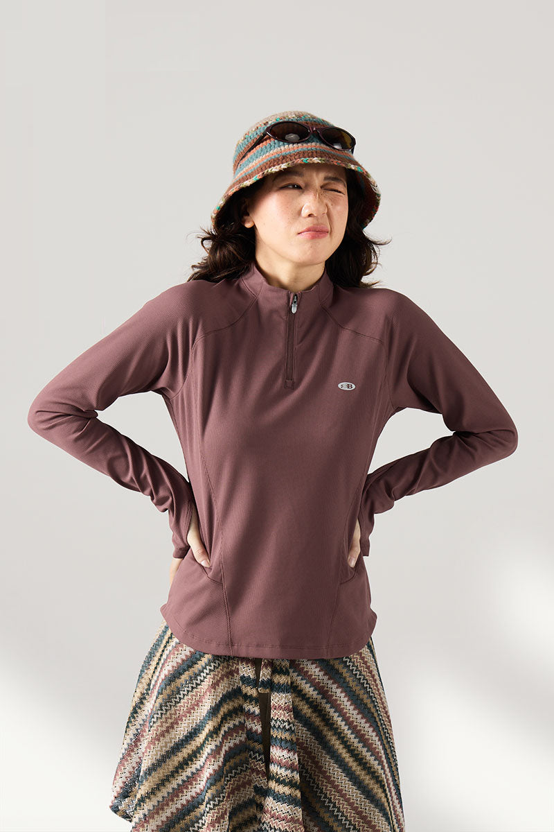 ハーフジップ ワッフル ロングTシャツ ウィメンズ