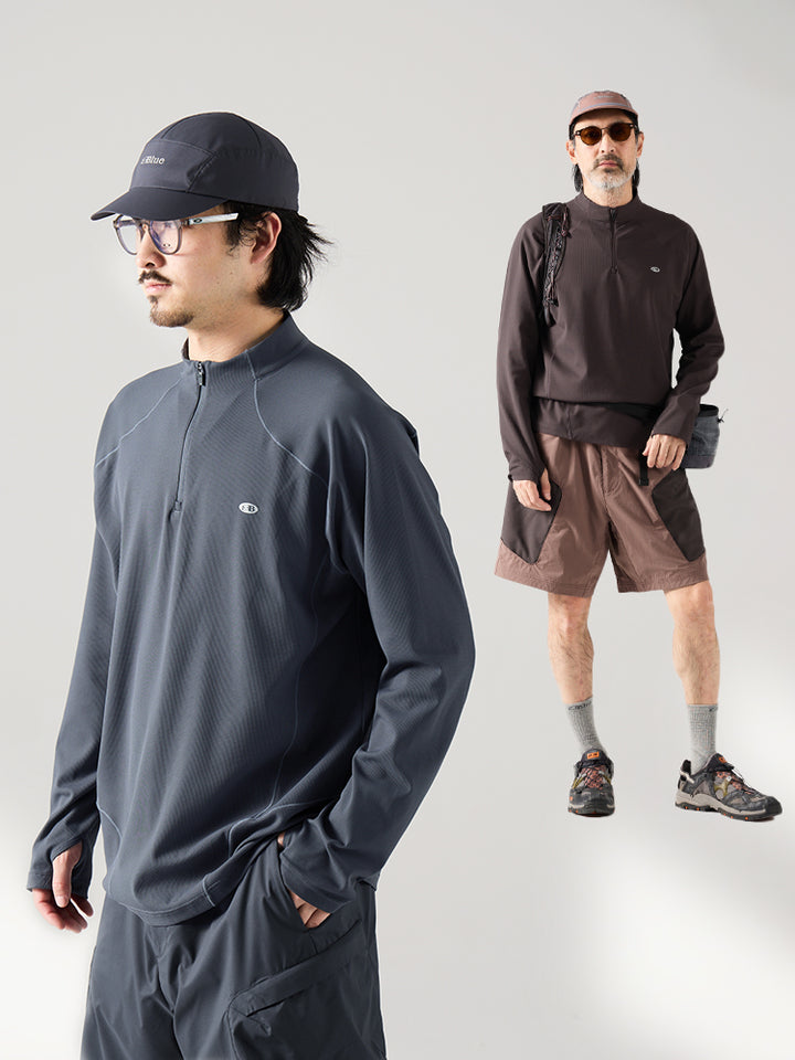 ハーフジップ ワッフル ロングTシャツ メンズ